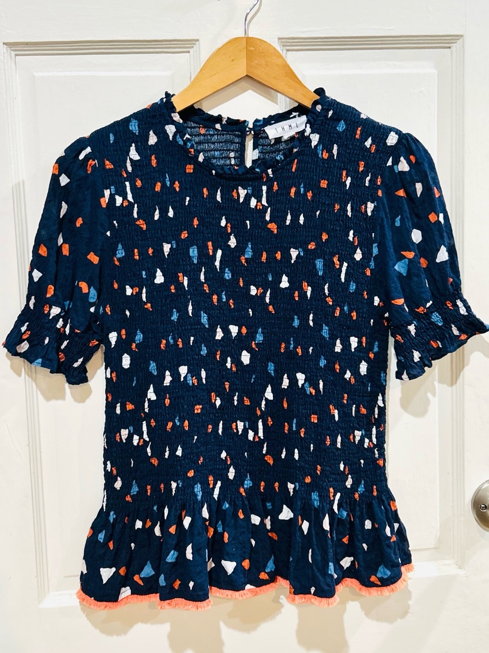 THML Smocked Abstract Print Ruffle Peplum Cotton Top Preppy Feminine Size M